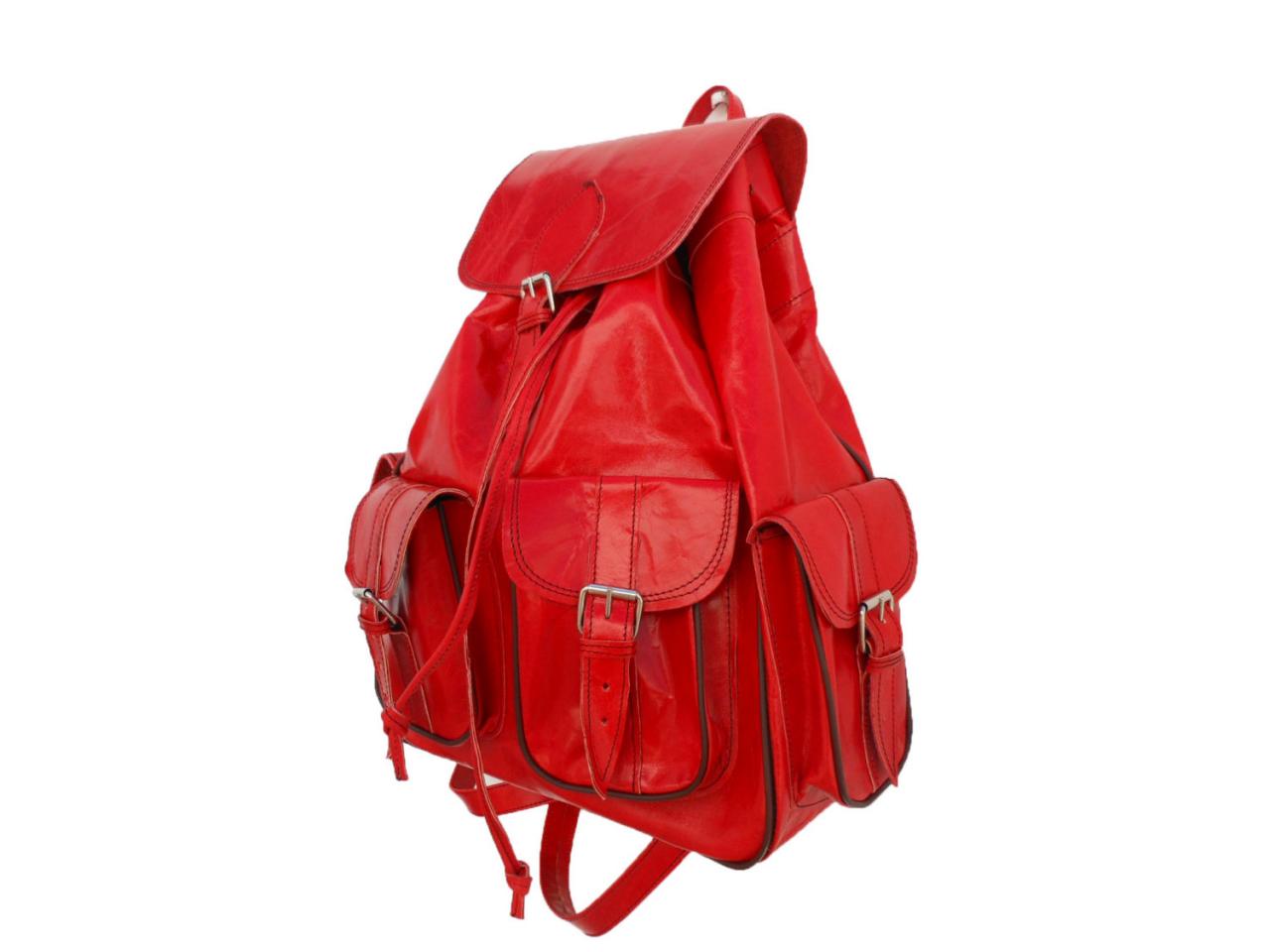 Red Leather Medium Backpack Satchel Bag Handmade Soft Leather School College Travel Picnic Weekend Bag