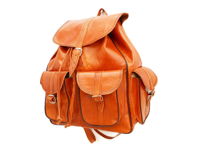 Extra Large Caramel Orange Leather Backpack Satchel Bag Handmade Soft Leather School College Travel Picnic Weekend Bag
