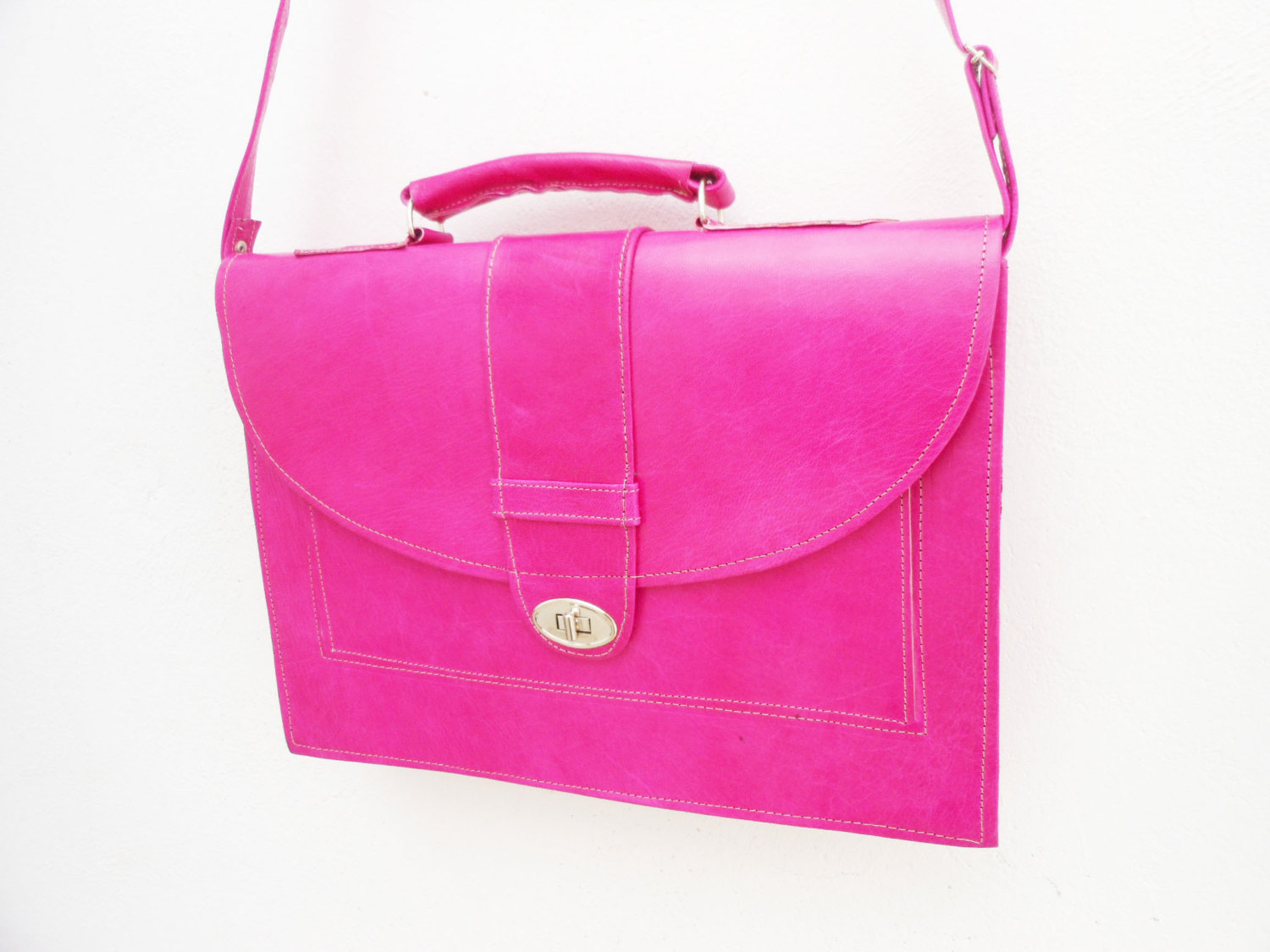 Pink Leather Messenger Bag For Women, Laptop Satchel Briefcase Computer